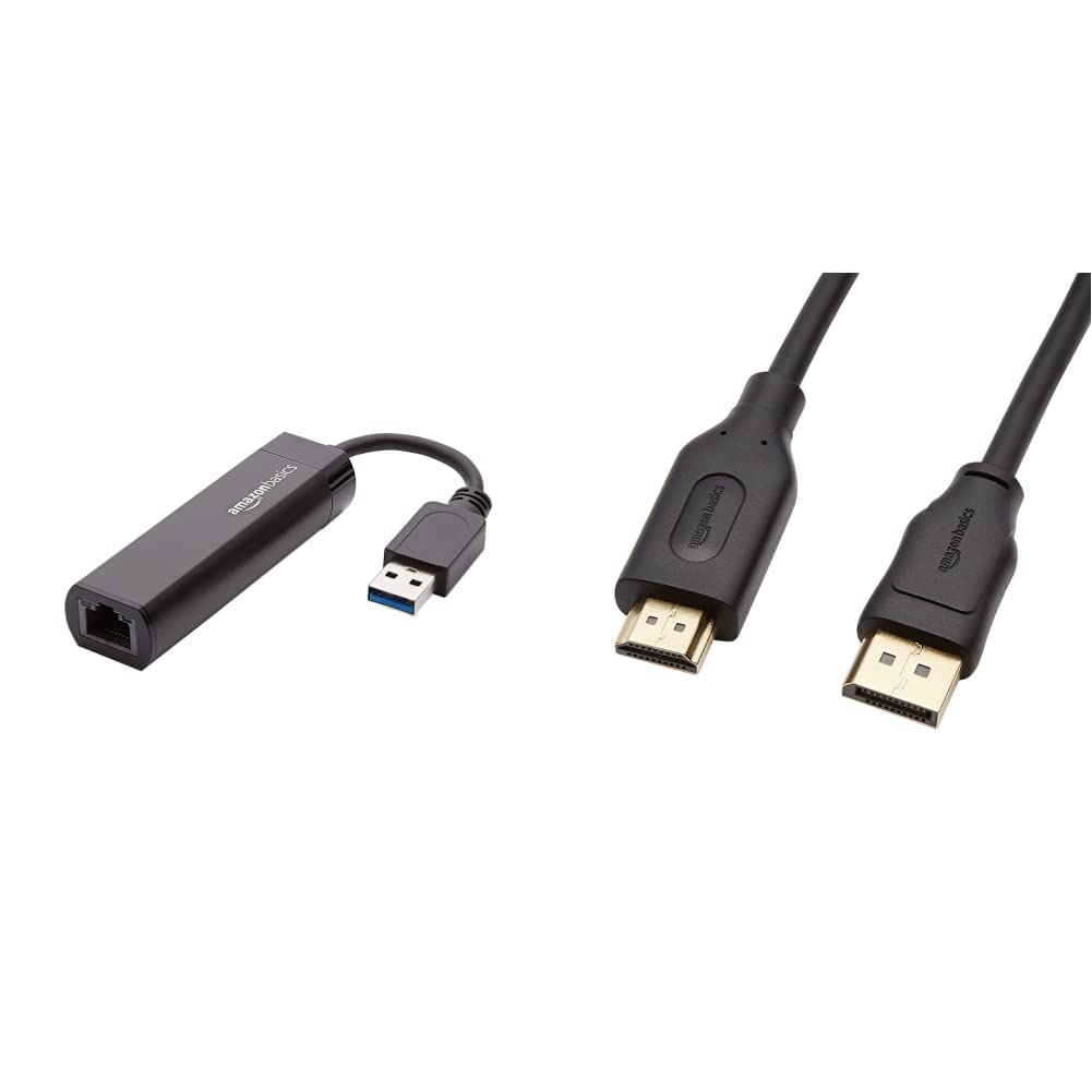Amazon Basics USB 3.0 to 10/100/1000 Gigabit Ethernet Internet Adapter & Uni-Directional DisplayPort to HDMI Display Cable 4K@30Hz - 6 Feet 1