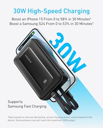 Anker Power Bank, 20,000mAh 30W Max Fast Portable Charger with Built-in USB-C and MFi Certified Lightning Cables, USB-C&A, Battery Pack for iPhone 17/16/15/14 Series, MacBook, Galaxy 4