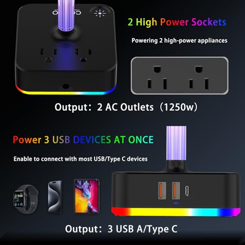 cozoo RGB Headphone Stand with Charger 3 USB Ports and 2 AC Outlets,2 USB-A 1 Type C,Desk Gaming Headset Holder with 9 Light Modes,PC Gaming Desk Accessories,Gamer Gifts,RGB Gaming Stuff Headset Stand 3