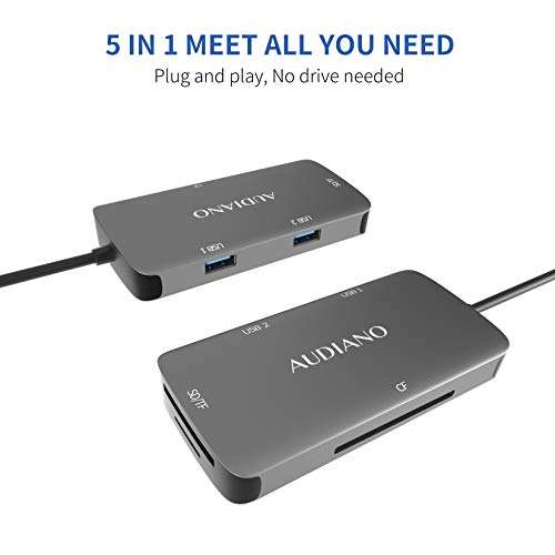 USB C to CF Card Reader, AUDIANO 5-in-1 USB Type C SD/TF/CF Camera Card Reader with Compact Flash Memory Card Reader, 2 USB 3.0 Ports Compatible for MacBook Pro, Samsung S20, Surface Book 2