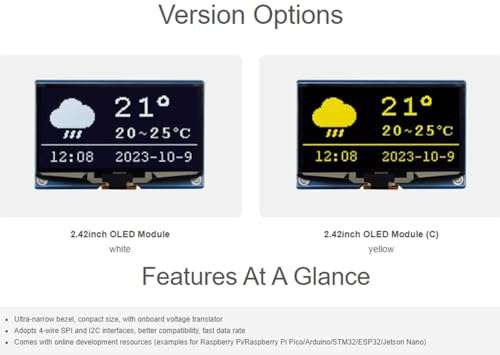 2.42inch OLED Display Module 128×64 Resolution, White Display Color Embedded SSD1309 Driver Chip, SPI / I2C Communication, Compatible with Raspberry Pi, forArduino, STM32, ESP32, Jetson Nano, etc. 3