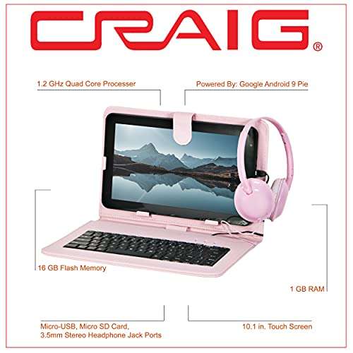 Craig CMP840 BUN-PK-HD Quad Core 10.1 in. Tablet with Keyboard Case & Headphones in Pink 3
