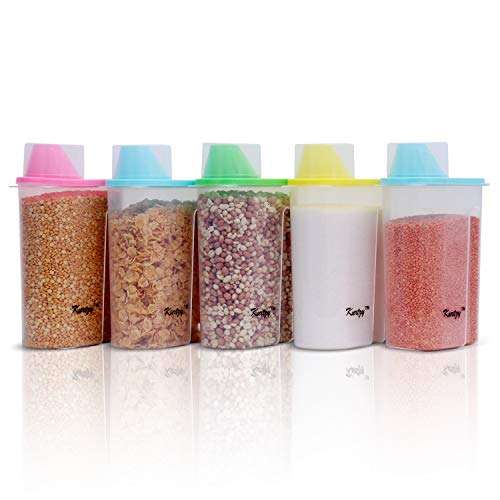Kurtzy Cereal Dispenser Jars - (Pack of 5) Air-Tight Lid Multipurpose Storage Containers Set with Measuring Cups for Rice,Pulses,Grains Pet Foods - Home & Kitchen, Pets (2.5 litres Each) 1