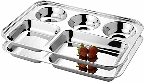 KC Stainless Steel Partition Plate 5 in1 | Bhojan Thali | Compartment Plate | Steel Thali | Dinner Plate Set of 2