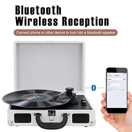 Vinyl Record Player Wireless Turntable Bluetooth 3-Speed Portable Vintage Suitcase with Built-in Speakers, Includes Extra Stylus, RCA Out, AUX in 2