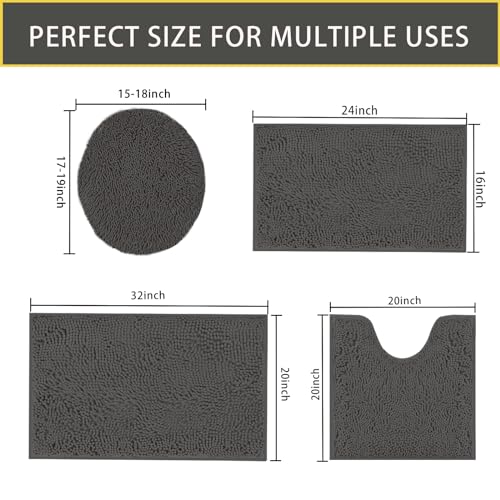 UHOUSEST Bathroom Rugs Sets 4 Pieces,Chenille Bath Mats for Bathroom,Super Absorbent Soft Washable Bathroom Carpets,Non Slip Contour Mat Toilet Lid Cover and Bath Rug Mats Shower Mats,Dark Gray 2
