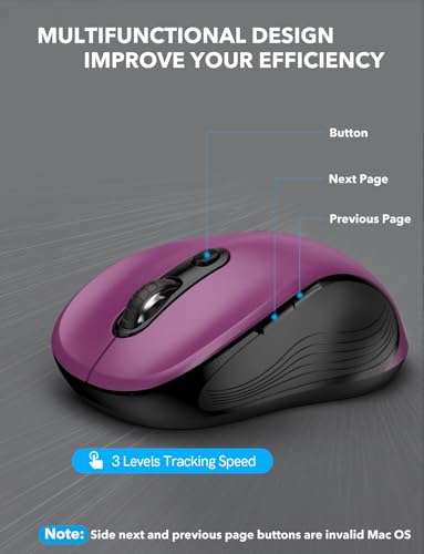 Trueque Wireless Mouse for Laptop, 2.4GHz Ergonomic Computer Mouse with Back & Forward Buttons, 3 Adjustable DPI Levels, 6 Buttons, Optical USB Cordless Mice for Windows PC (Purple, 1 Pack) 6