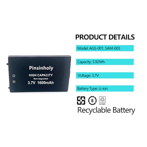 Pinsinholy Gameboy Advance SP GBA Battery, Upgraded High Capacity Rechargeable Lithium-ion Battery for Nintendo GBA SP Gameboy Advance SP AGS-001, SAM-003 3