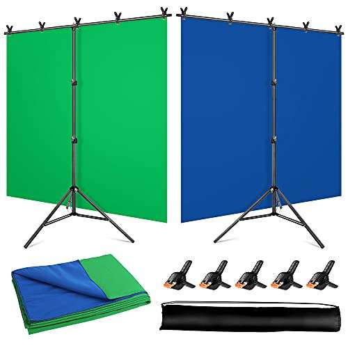 Blue Green Screen Backdrop with Stand Kit, 5 x 6.5 ft Portable Chromakey Blue Green Screen Stand with T-Shaped Stand & Carrying Bag & 5 Clamps, Greenscreen Background with Stand for Streaming, Gaming 1