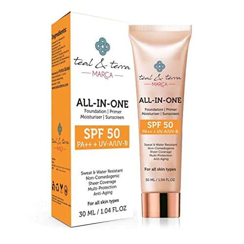 Teal & Terra Daily Use Sun Screen with SPF 50+ | Water Resistant | All-in-One Foundation | Primer | Moisturizer | Sweat and Water Resistant | Face Care Cream |100% Natural | Paraben Free | 30ml 1
