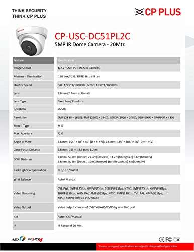 CP PLUS 5MP,Camera with Audio Video Recording, 4 Camera Combo Kit with 4Ch DVR,2Dome 2Bullet Cameras, 3TB HDD, Power Supply, 90Mtr Cable,HDMI 3mtr, W/L Mouse and Connectors (Camera has Built-in mic) 3