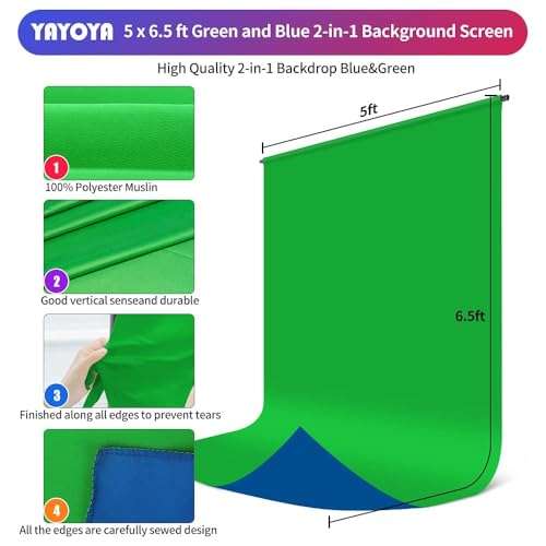Blue Green Screen Backdrop with Stand Kit, 5 x 6.5 ft Portable Chromakey Blue Green Screen Stand with T-Shaped Stand & Carrying Bag & 5 Clamps, Greenscreen Background with Stand for Streaming, Gaming 5