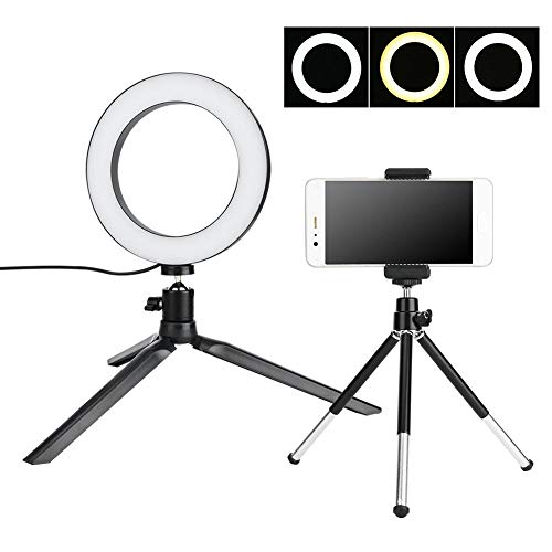 LED Ring Light, Dimmable LED Video Ring Light with Desktop Tripod Mobile Phone Holder, Camera Lamp Kit with Three Light for Live Streaming, Photography Lighting