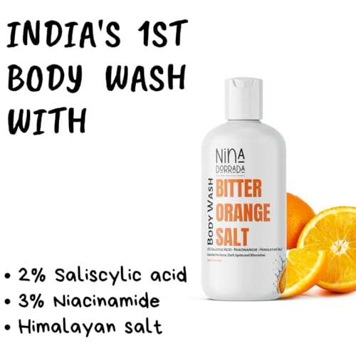 Nina Dorada Bitter Orange Body Wash with 2% Salicylic Acid and Niacinamide | Anti Acne Shower Gel | For Dark Spots and AND Blemishes | De stress with Himalyan Salt 2