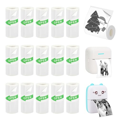 Vicbear 15 Rolls Mini Sticker Paper, Thermal Sticker Paper for Sticker Maker, Self-Adhesive Sticker Printer Paper, 57 x 25 mm, Compatible with Most Receipt Printers