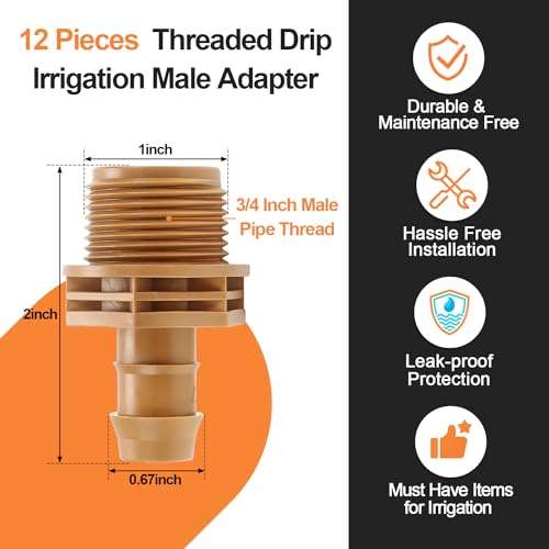 Copadri 12 Pieces 3/4 Inch PVC to 1/2 Inch Drip Irrigation Adapter Fittings, 3/4" Male Pipe Thread(MPT) x 1/2" Drip Line Barbed Coupling Connectors 3/4-in PVC to 1/2-in Poly Tubing Adapter 2