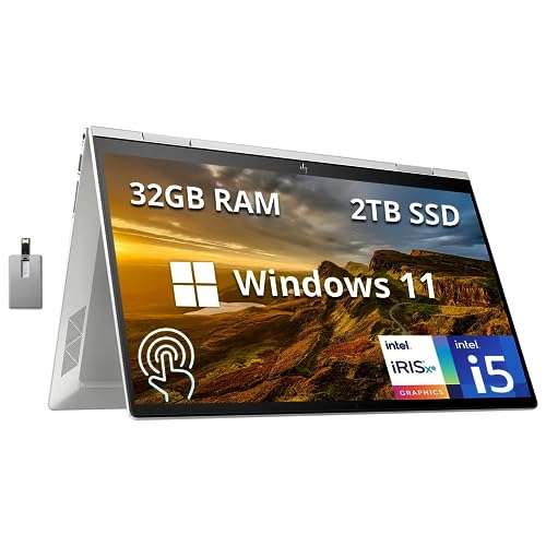 HP Envy x360 Convertible 2-in-1 Laptop, 15.6" FHD Touchscreen Display, Intel Core i5-1135G7, 32GB RAM, 2TB SSD, Backlit Keyboard, Iris Xe Graphics, HD Webcam, WiFi 6, Win 11, Silver, 32GB USB Card 1