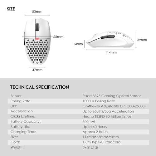 FANTECH ARIA XD7 Wireless Gaming Mouse Pixart 3395 Gaming Sensor 26000 DPI, HUANO Switches, Super Lightweight 59 Grams and Ambidextrous Egg Shape, 3 Mode Connectivity, White 5