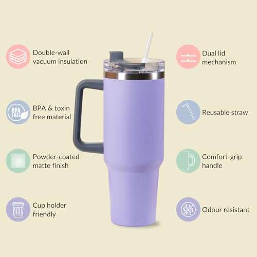 Nestasia 1.2L Tumbler with Lid & Straw | Insulated Reusable Stainless Steel Water Bottle | Leak Proof Mug for Office, Gym, Travelling (Purple) 2