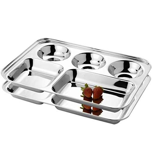 Prisha India Craft Stainless Steel 5-in-1 Compartment Divided Plate, Dosa Serving Plate | Length 14.00 Inch | Set of 2 5
