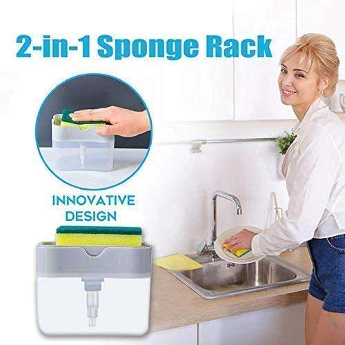GROPOTIT� 2 in 1 ABS Plastic Liquid Soap Press-Type Pump Dispenser with Sponge Holder for Kitchen Sink (Random Colour; Standard; 385ml) Free Sponge(Made in India) 5