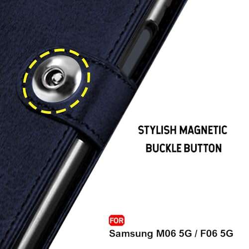 TheGiftKart Flip Cover Back Case for Samsung Galaxy M06 5G / F06 5G | Genuine Leather Finish | Designer Button | Inbuilt Pockets & Stand | Flip Cover for Samsung M06 5G / F06 5G (Faux Leather, Blue) 5