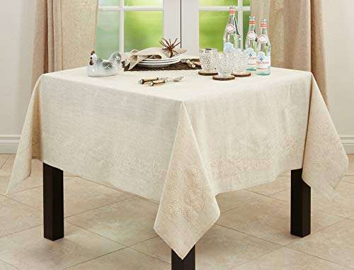 SARO LIFESTYLE Embroidered Swirl Design Linen Blend Tablecloth, 67", Natural 2