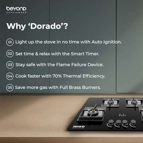 Beyond Appliances Dorado 4 Burner Smart Glass Hobtop Gas Stove | Auto Ignition | Digital Timer | Flame Failure Device | Toughened Glass | LPG & PNG Compatible 5