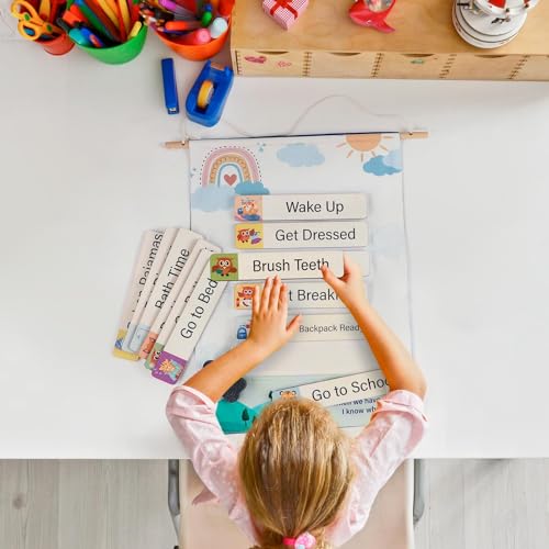Canvas Visual Schedule for Kids, Schedule Board for Home with Wooden Blocks, Reward Chart Bedtime Routine Chart for Toddlers, Morning Routine Chart for Kids, Toddler Daily Routine Chart for Kids 5