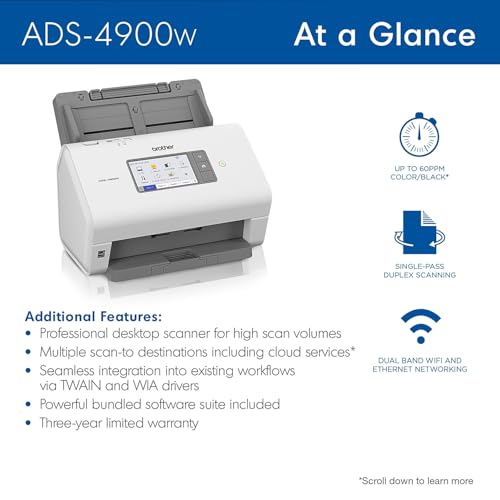 Brother ADS-4900W Professional Desktop Scanner with Fast Scan Speeds, Duplex, Wireless, and Large Touchscreen, White 3