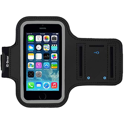 i2 Gear Armband for iPhone 5, 5S, 5C, SE 2016, 4S, 4 & iPod Touch with Adjustable Strap and Key Holder (Black)