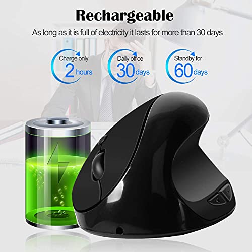 Wirless Vertical Mouse，Rechargeable 2.4G Ergonomic Mouse, Silent Mice 2.4G Optical USB Mouse，DPI 1000/1200/1600,6 Buttons for PC, Desktop, Laptop-Black … 2