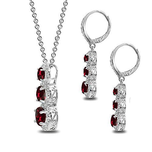 GemStar USA Sterling Silver Synthetic Ruby Journey Halo 3-Stone Pendant Necklace & Leverback Earrings Set for Women 2