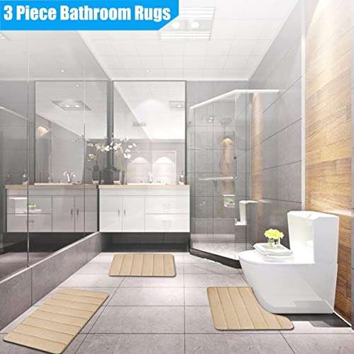 Bathroom Rugs Set 3 Piece,Memory Foam Bath Mat, Soft Bath Mats Ulta Soft, Absorbent Bath Rugs with No Slip PVC Backing Machine Washable, Easy to Dry - Beige 5