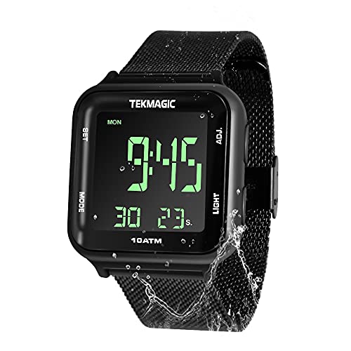 TEKMAGIC 10 ATM Waterproof Digital Watch with Stainless Steel Wristband Support Swimming Diving Wear 100m Underwater, Alarm Clock, Chronograph, Timer, Countdown, Dual Time Zone, 12 or 24 Hour Format,