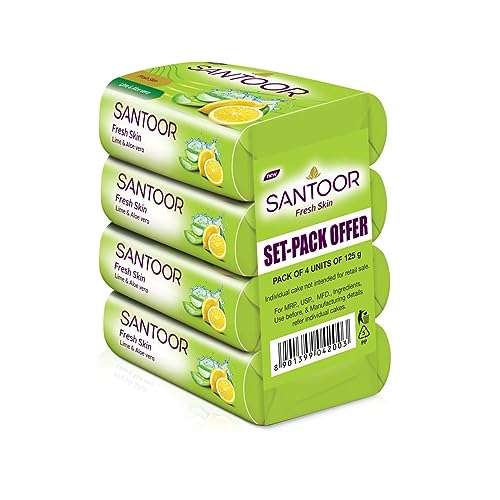 Santoor Fresh Skin Aloe Vera & Lime Bathing Soap with Nourishing & Anti-Aging Properties| For Smooth & Soft and Younger-Looking Skin| For All Skin Types| 125g, Pack of 4 1