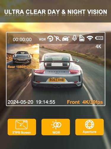 Beautlife Dash Cam Front and Rear, 4K/2.5K 30fps Dash Camera for Cars with 5GHz WiFi, 64GB SD Card, 2’’ IPS Screen, Night Vision, 170°Wide Angle, Loop Recording, G-Sensor, Parking Monitor, Black 4