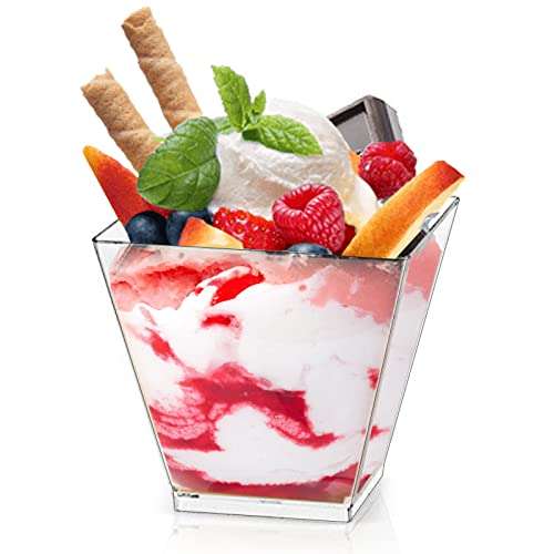 50 Pack 3.5 oz/100ml Plastic Square Dessert Cups,Square Small Appetizer Cups,Square Clear Plastic Dessert Tumbler Cup for Desserts,Appetizers,Puddings,Chocolate Cakes,Ice Cream 1