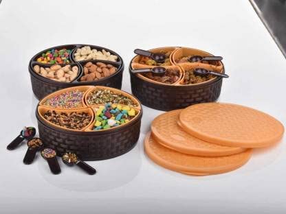 K and H Plastic Dry Fruit Storage Box, Airtight Storage Container with lid, Serving Box, Masala Box for Kitchen, Round (4 Section) 4
