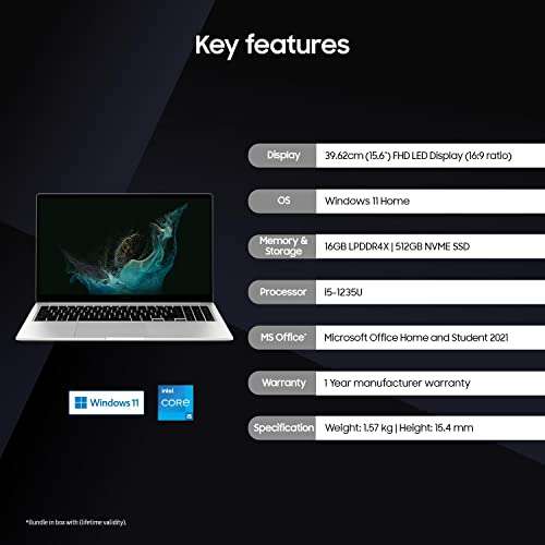 Samsung Galaxy Book2 Intel 12th Gen core i5 39.6cm (15.6") FHD LED Thin & Light Laptop (16 GB/512 GB SSD/Windows 11/MS Office/Backlit Keyboard/Finger Print Reader/Silver/1.55Kg), NP750XED-KC3IN 2
