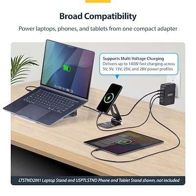 StarTech.com 140W USB-C Wall Charger, 3X USB-C/1x USB-A, PD 3.1 International GaN Power Adapter for MacBook/Dell XPS/Inspiron 5