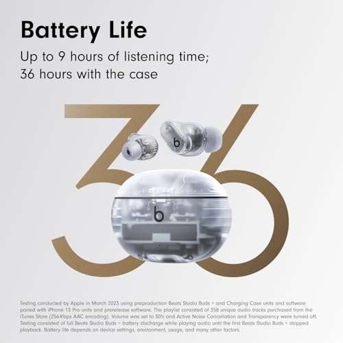 Beats Studio Buds + | True Wireless Noise Cancelling Earbuds, Enhanced Apple & Android Compatibility, Built-in Microphone, Sweat Resistant Bluetooth Headphones, Spatial Audio - Transparent 3