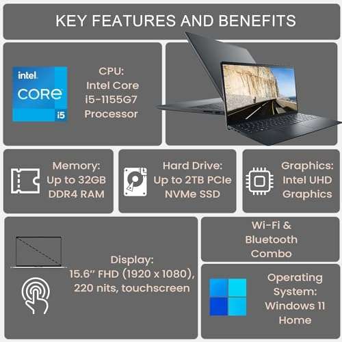 Dell Inspiron 3000 Series Laptop, 15.6" FHD Touchscreen, Intel Quad-Core i5-1135G7, 32GB DDR4 RAM, 2TB Storage(1TB SSD+1TB HDD), Webcam, SD Card Reader, Wi-Fi, Windows 11 Pro, Black 3