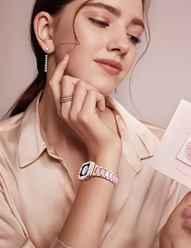 Wearlizer Compatible with Apple Watch Band 40mm/41mm with Case Upgraded Resin Metal Band Stainless Steel Buckle with Bling Crystal Rhinestone Cover for iWatch Series SE/7/6/5/4(Gold+Pink) 6