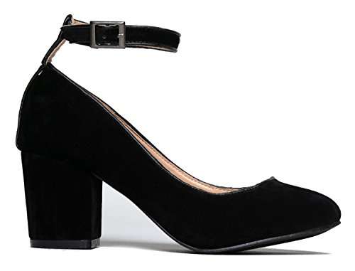 J. Adams Ankle Strap Pump Heel -Comfortable Round Toe Dress Block Shoe - Darling Black Suede 2