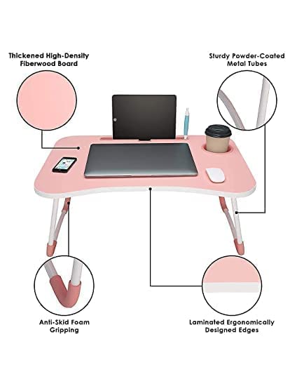 Technovibes Laptop Desk for Study and Reading with Foldable Non-Slip Legs Reading Table Tray, Laptop Stands, Laptop Desk,Foldable Study Laptop Table,Table (Pink) 4