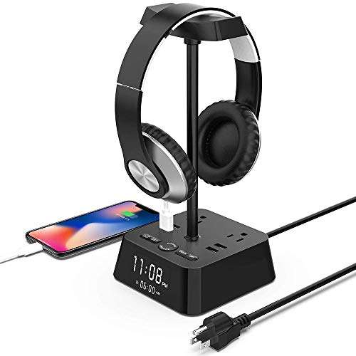 KDrive Headphone Stand with 4 USB Charging Port, 2 AC Outlet, LED Desk Lamp Lighting, HD Clock Display - Universal Sizes, Gaming Headset Hanger Organizer 1