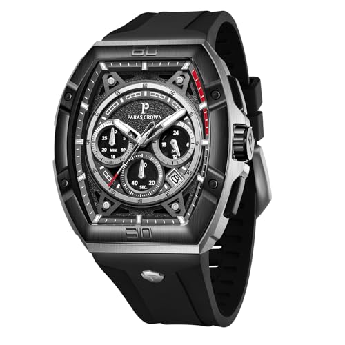 Paras Crown Watches for Men Tonneau 5ATM Waterproof Quartz Luxury Chronograph Analog Men's Wrist Watches Stainless Steel Case Mens Watches