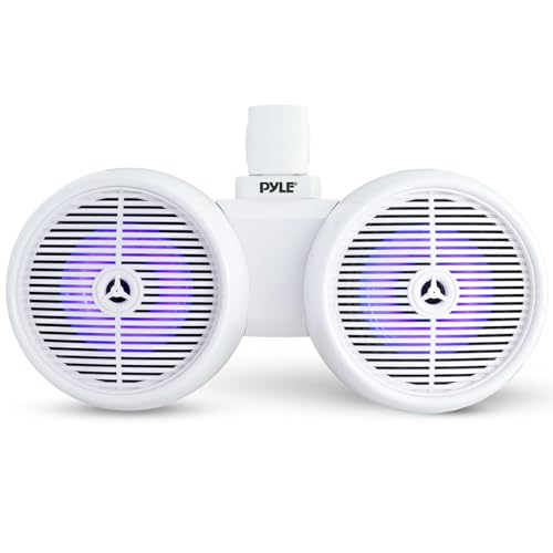 Pyle Dual Waterproof Off-Road Speakers - 8" 300W 2-Way Marine Wakeboard Tower Sound System w/LED Light, Full Range Outdoor Stereo Speaker for Car, ATV, UTV, Jeep, Boat, Includes Brackets (White) 1
