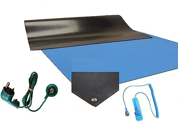 Supreme- ESD Safe Anti Static PVC VINYL 2 Layer 1.5 mm Thick Table Mat (Blue) with 4 Corner Button, Wrist Band B to B & Earthing Grounding Cord 3 Pin plug All Set Size (2.5x5) 2